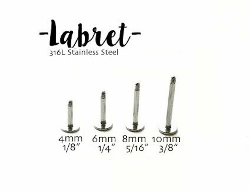 Pu&ograve; includere: Quattro labret in argento di varie lunghezze, da 4 mm a 10 mm. Il testo "-labret-" &egrave; sopra i labret, con "316L Stainless Steel" sotto. Ogni labret ha una base a disco piatta.