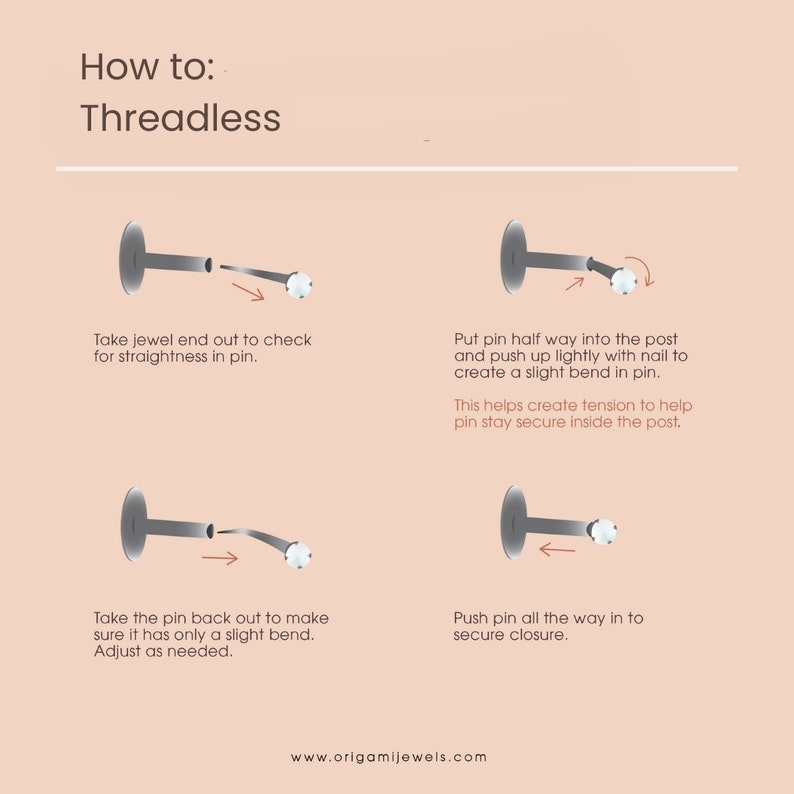May include: Diagram illustrating how to use threadless jewelry. The image shows four steps: checking the pin, bending the pin, adjusting the bend, and securing the closure. Text includes "How to: Threadless" and the website address.