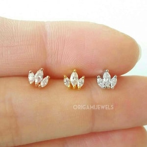 3cz Crown Cartilage Stud • 18g 20g 925 Silver Tragus Pushback • 18g Threadless Flat Back Conch • Dainty Rose Gold Crystal Cartilage Piercing