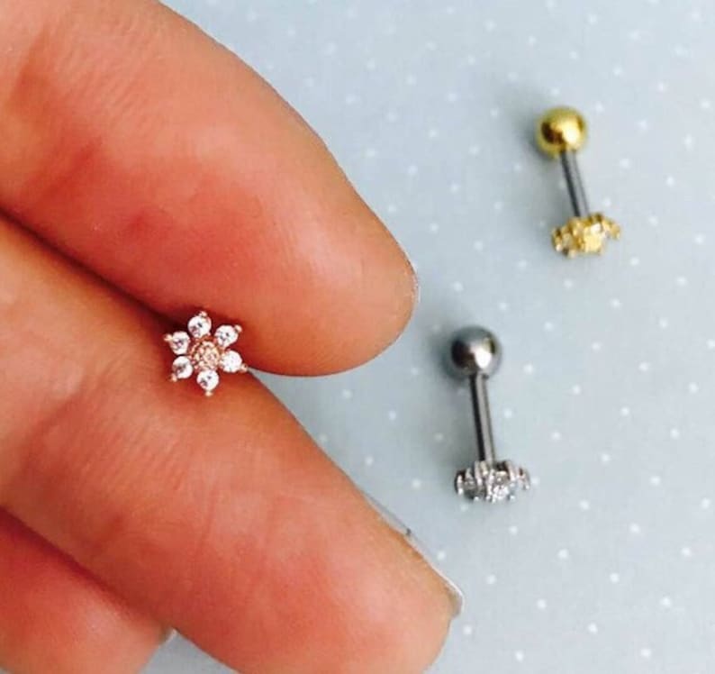 Mini Sunflower Cartilage Earring 18g Tragus Threadless Pushback Dainty Flower Barbell Helix Daith Labret Tiny Flower Conch Earring image 3