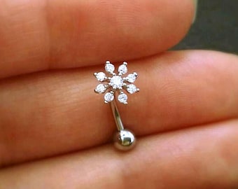 CZ Snowflake Belly Button Ring • Floating Navel Ring • Flower Belly Ring • Small Gold Belly Rings • Hypoallergenic Belly Piercing Jewelry