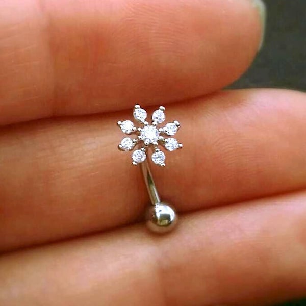 CZ Snowflake Belly Button Ring • Floating Navel Ring • Flower Belly Ring • Small Gold Belly Rings • Hypoallergenic Belly Piercing Jewelry