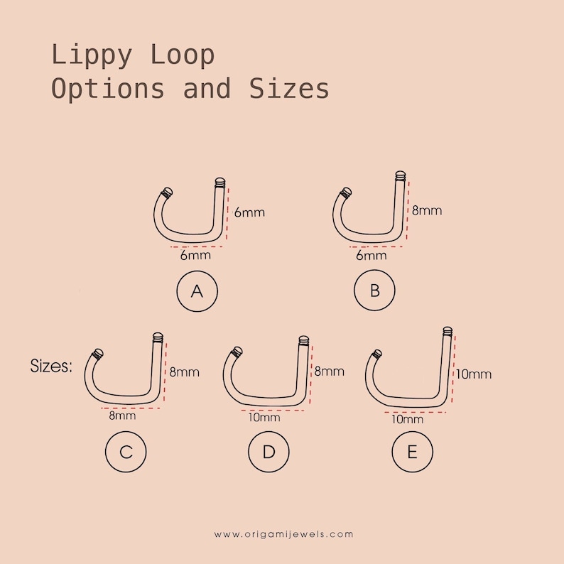 May include: Diagram of Lippy Loop options and sizes. The image shows five different styles of the jewelry, labeled A through E, with measurements in millimeters. The text at the top reads "Lippy Loop Options and Sizes."