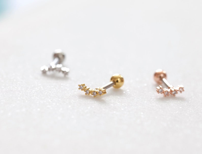 Cz Mini Star Threadless Pushpin Labret Curved Bar Constellation Cartilage Earring Ear Climber Line Helix Earring Small Conch Piercing image 3