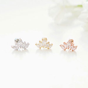 925 Silver Crown Cartilage Earring 16g 18g Threadless Tragus Stud Pushback 4mm Conch Dainty Studs Tiara Crystal Cartilage Piercing image 3