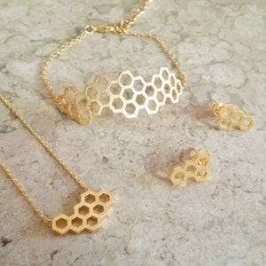 Gold Jewelry Set Beehive Jewelry Hexagon Stud Earrings Hexagon Jewelry Set Mother's Day Gift Gifts for Aunt Jewelry Set Gifts image 1