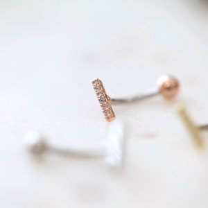 Sterling Silver CZ Paved Bar Belly Button Ring Floating Navel Ring Small Dainty Gold Belly Rings Hypoallergenic Tiny Line Belly Ring image 3