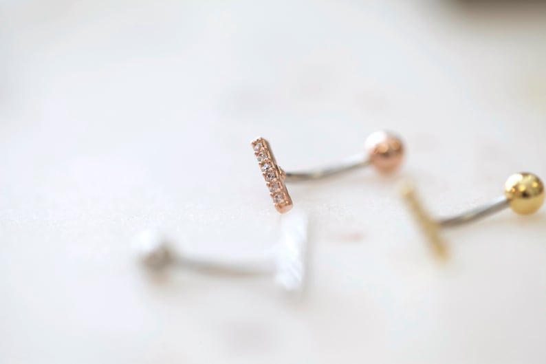 Sterling Silver CZ Paved Bar Belly Button Ring Floating Navel Ring Small Dainty Gold Belly Rings Hypoallergenic Tiny Line Belly Ring image 3