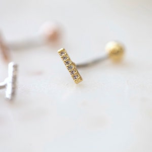 Sterling Silver CZ Paved Bar Belly Button Ring Floating Navel Ring Small Dainty Gold Belly Rings Hypoallergenic Tiny Line Belly Ring image 2