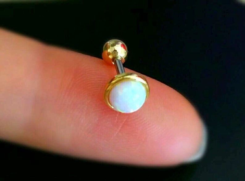 White Opal Cartilage Earring, opal barbell, medusa jewelry, minimalist conch earring, rainbow colors helix, tragus studs, opal stone jewelry 