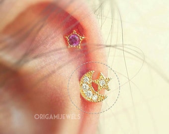 Pendientes de tragus con luna y pavé de piedras • Labret de cartílago con estrella Whimsigoth • Tragus sin rosca • Piercing celestial de concha • Delicado pendiente de oro rosa