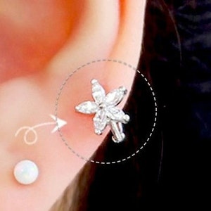 Flower Hoop Cartilage Earring • Small Hoop Earrings • Delicate Flower Tragus Hoop • Dainty Ring Earring • Stone Flower Helix Tiny Piercing