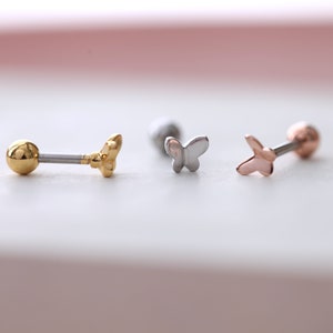 3d Butterfly Tragus Threadless Labret 18g Cartilage Earring 20g Screwback Barbell Cartilage Stud Small Spring Dainty Conch Earring image 3