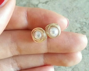 Pearl Gold Stud Earrings • 14k Gold-fill • AAA Freshwater Pearl Studs • Wedding Jewelry • Bridesmaids Gift • June Bday • Mother's Day Gifts