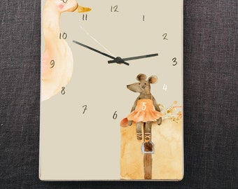 children clock, maileg mouse, swan princess, decor for kidsroom, learn time, wooden wall clock for kids, gift for girl