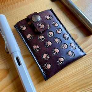 Handmade skulls card holder leather