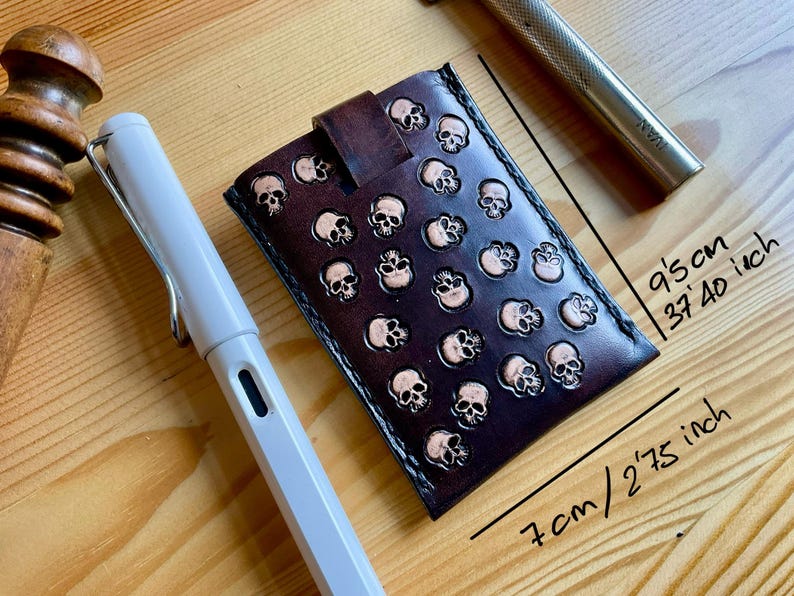 Handmade skulls card holder leather