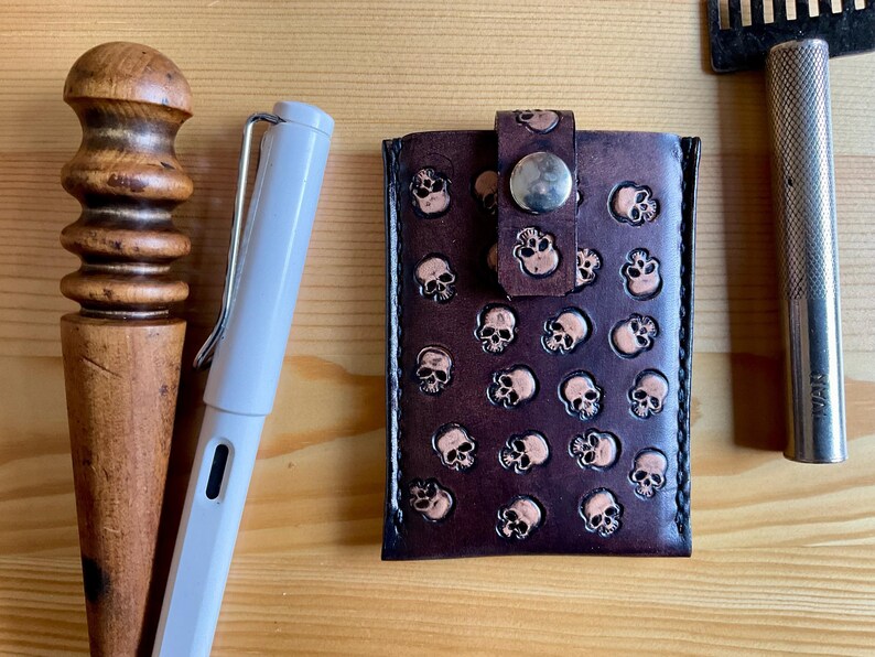 Handmade skulls card holder leather