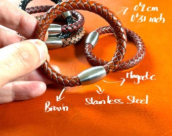 Braided leather thick bracelet with stainless steel clasp, couples bracelet, leather cuff, cow leather