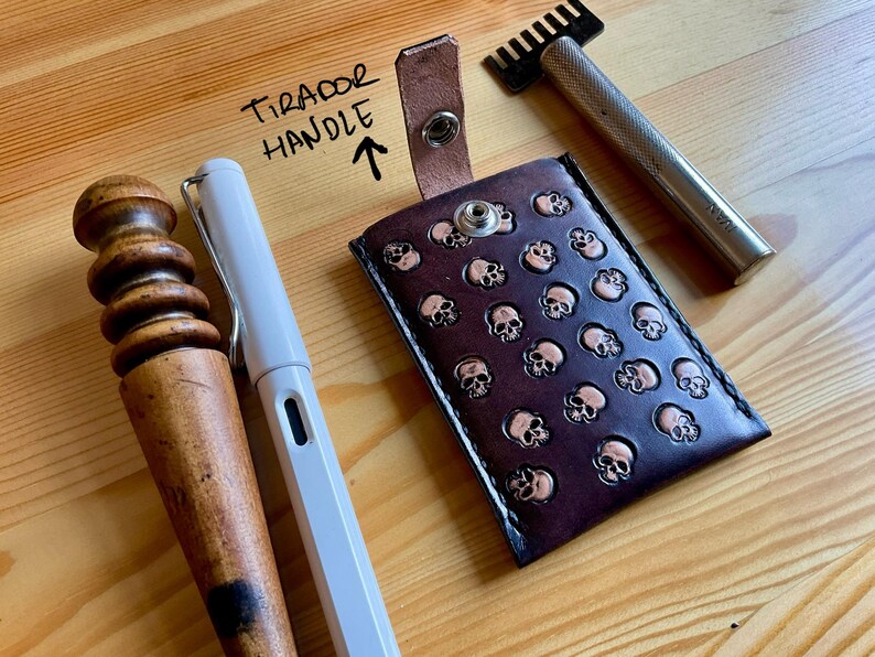 Handmade skulls card holder leather