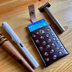 Handmade skulls card holder leather