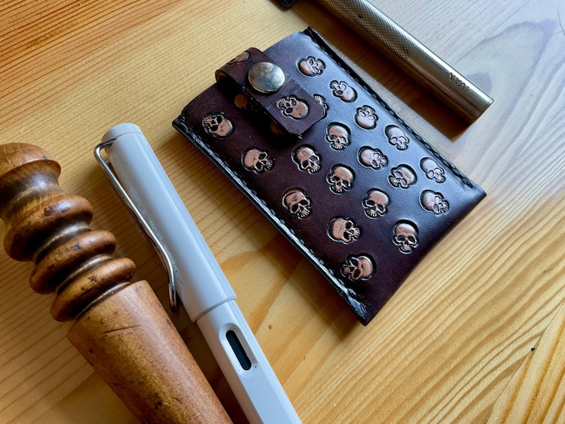 Handmade skulls card holder leather