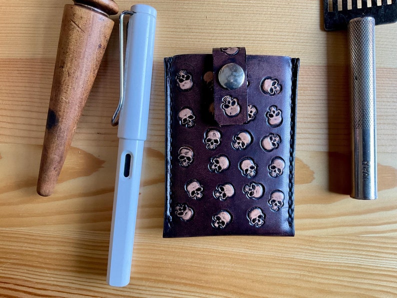 Handmade skulls card holder leather