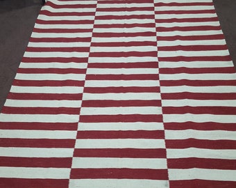 Red and white rug, striped rug, dhurrie rug, kilim rug, large area rug, flatweave rug, red and off white rug, Made to order rug.