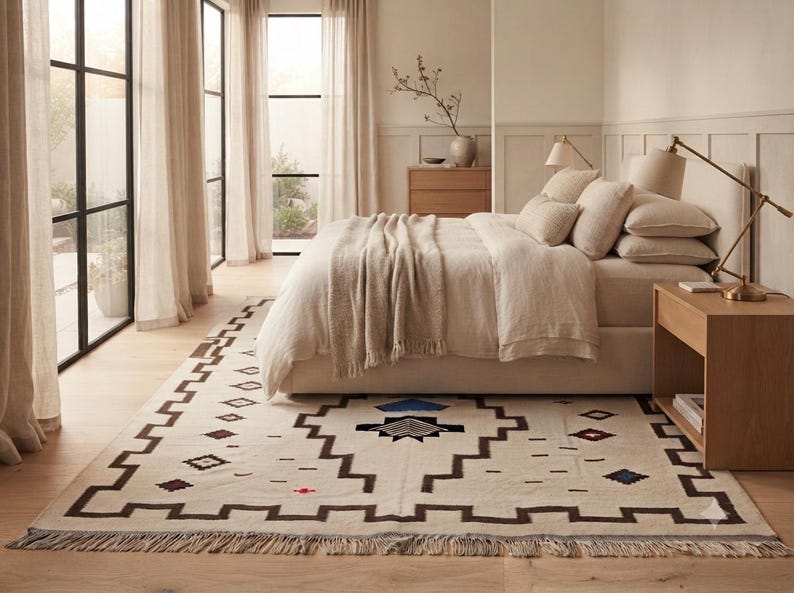 Handmade Wool Rug Custom Geometric Kilim Blue Grey Southwestern Area Rug Boho Wool Carpet image 5
