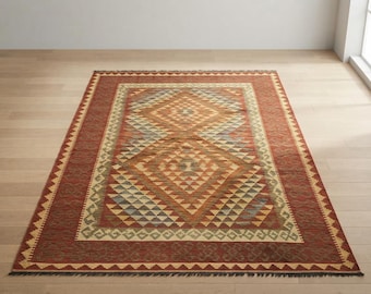 Hand knotted Wool Kilim 5x8, Terracotta Rust Area Rug, Geometric Flatweave Rug, Turkish style