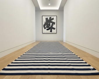 Black and white rug, striped rug, wool  kilim rug, custom handmade rug minimalistic decor