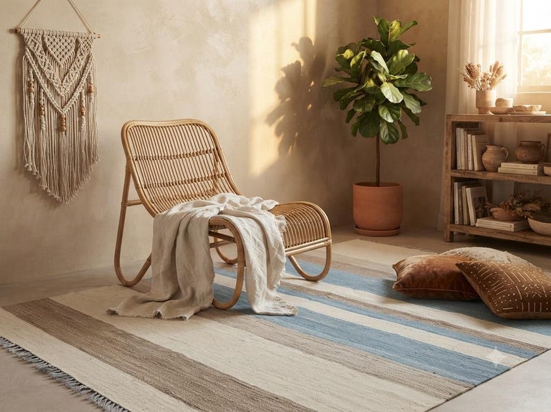 Op de afbeelding: Een lage rotan loungestoel met een gebogen rugleuning en zitting, gedrapeerd met een lichtbeige plaid. De stoel staat op een rechthoekig vloerkleed met horizontale strepen in tinten blauw, cr&egrave;me en bruin, afgewerkt met franjes aan de randen.