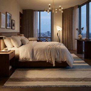 Op de afbeelding: Een slaapkamer met een houten bedframe, wit beddengoed en een textuurrijke sprei, een houten nachtkastje met lamp, een vloerlamp, een consoletafel en een gestreept vloerkleed in blauwe, witte en bruine tinten op de vloer.