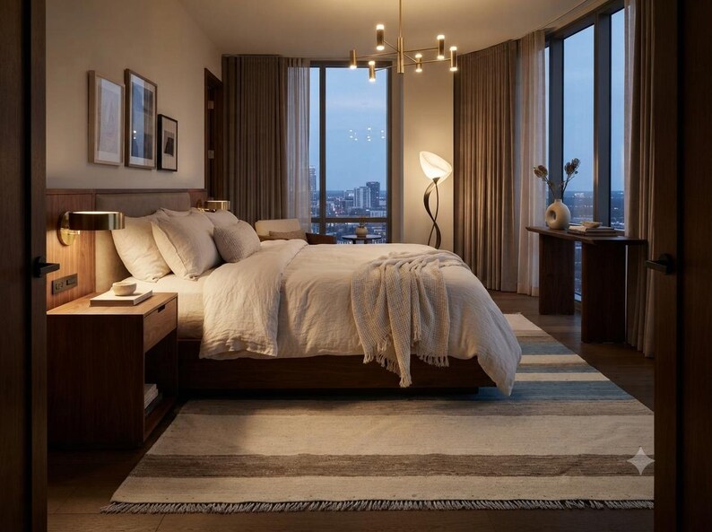 Op de afbeelding: Een slaapkamer met een houten bedframe, wit beddengoed en een textuurrijke sprei, een houten nachtkastje met lamp, een vloerlamp, een consoletafel en een gestreept vloerkleed in blauwe, witte en bruine tinten op de vloer.