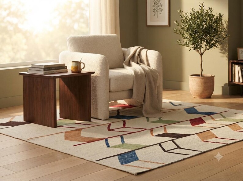 May include: A rectangular area rug featuring a cream-colored base with a geometric pattern of interconnected lines and shapes in shades of blue, green, red, and brown. The rug is positioned on a light wood floor beneath a cream armchair and table.