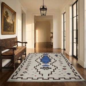 Handmade Wool Rug Custom Geometric Kilim Blue Grey Southwestern Area Rug Boho Wool Carpet image 13