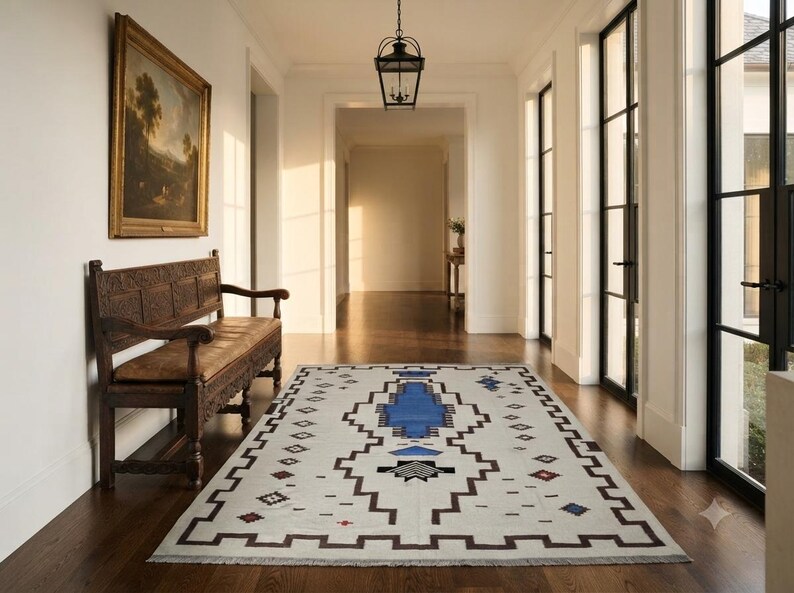 Handmade Wool Rug Custom Geometric Kilim Blue Grey Southwestern Area Rug Boho Wool Carpet image 13