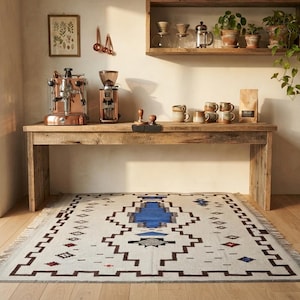 Handmade Wool Rug Custom Geometric Kilim Blue Grey Southwestern Area Rug Boho Wool Carpet image 1