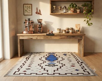 Handmade Wool Rug Custom Geometric Kilim Blue Grey Southwestern Area Rug Boho Wool Carpet