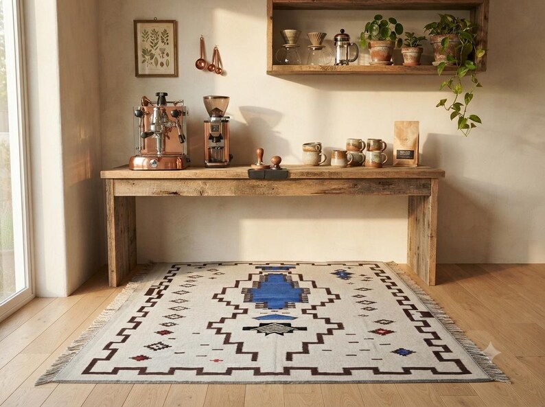 Handmade Wool Rug Custom Geometric Kilim Blue Grey Southwestern Area Rug Boho Wool Carpet image 1