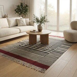 Striped kilim rug, stripe rug, wool rug, dhurrie rug, red black and white rug, living room rug, 9x12 rug, 10x14 rug, 8x10 rug, 4x6 rug, 6x9 image 12