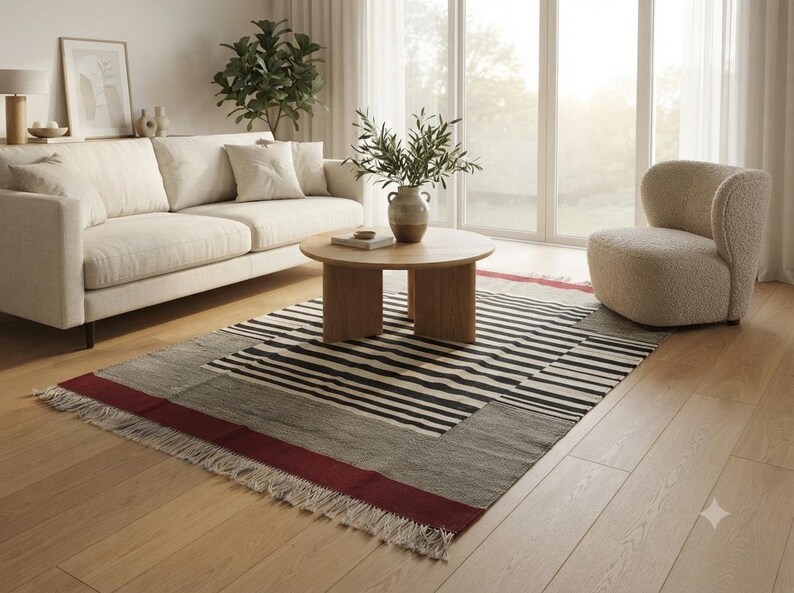 Striped kilim rug, stripe rug, wool rug, dhurrie rug, red black and white rug, living room rug, 9x12 rug, 10x14 rug, 8x10 rug, 4x6 rug, 6x9 image 12