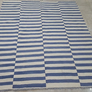 Blue and white/ivory striped kilim rug, handmade striped rug made of wool, Blue and white striped dhurrie rug