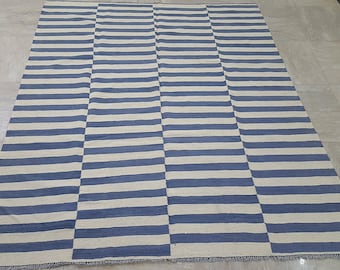 Blue and white/ivory striped kilim rug, handmade striped rug made of wool, Blue and white striped dhurrie rug
