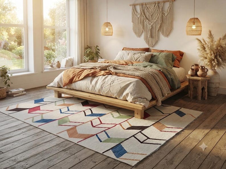 May include: A rectangular area rug featuring a repeating geometric arrow pattern in shades of blue, red, green, and brown on a cream background. The rug is positioned on a wooden floor beneath a low-profile wooden bed frame with layered bedding.