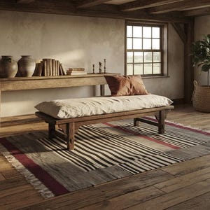 Striped kilim rug, stripe rug, wool rug, dhurrie rug, red black and white rug, living room rug, 9x12 rug, 10x14 rug, 8x10 rug, 4x6 rug, 6x9 image 5