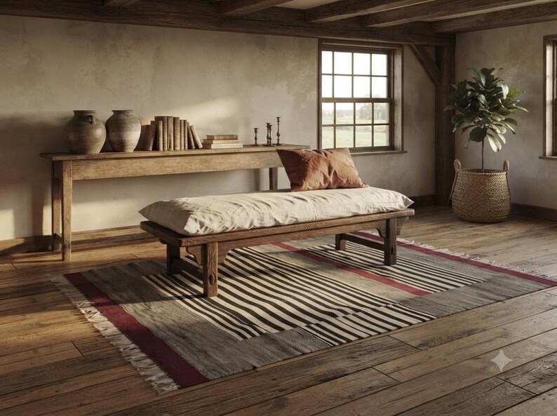Striped kilim rug, stripe rug, wool rug, dhurrie rug, red black and white rug, living room rug, 9x12 rug, 10x14 rug, 8x10 rug, 4x6 rug, 6x9 image 5