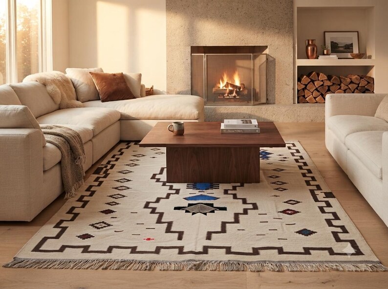 Handmade Wool Rug Custom Geometric Kilim Blue Grey Southwestern Area Rug Boho Wool Carpet image 19