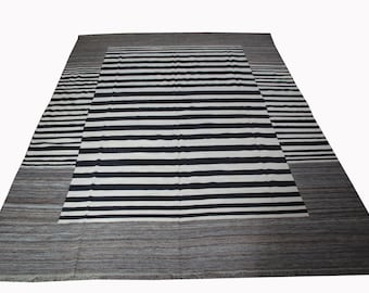 Striped Wool Kilim Area Rug, Minimalist Black White Flatweave, Custom Size Handmade Rug,