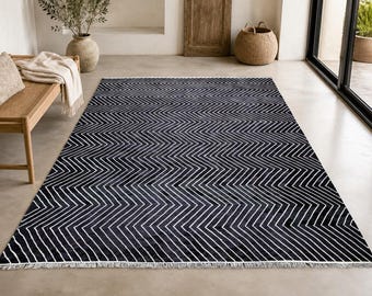 Black Chevron Wool Rug, Handmade Custom Size Modern Geometric Kilim, Zigzag Area Rug